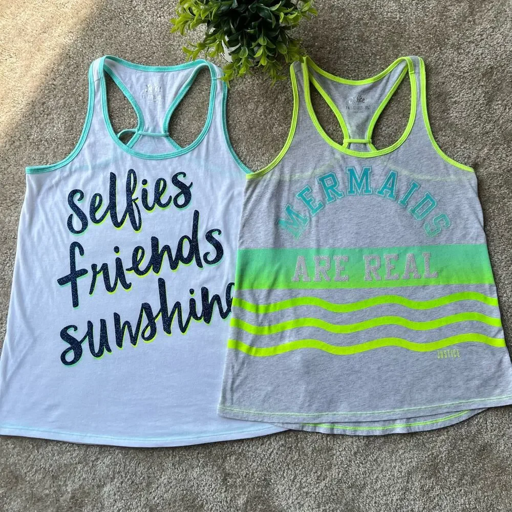 Justice White and Light Gray Racerback Graphic Tank Tops Set of 2 Size: 16